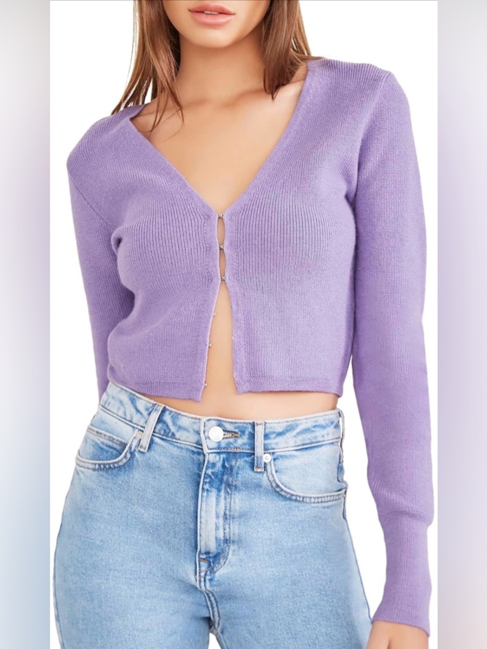 SOLD Women’s Forever 21 Lavender V-Neck Hook-and-Eye Cropped Cardigan Sweater S